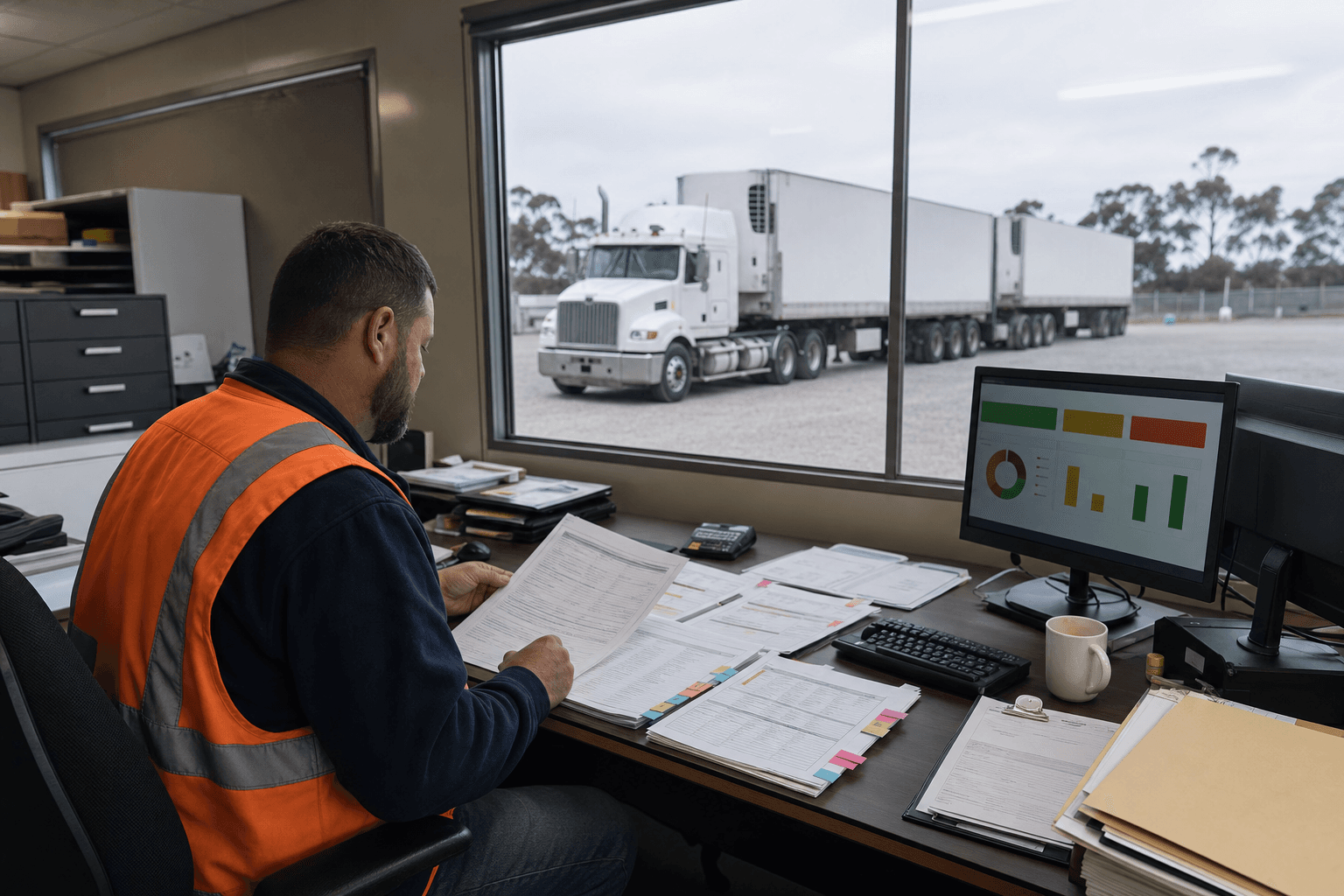 A transport compliance supervisor reviews a risk register and corrective action log at a desk inside an Australian heavy vehicle depot, with a prime mover and B-double trailer visible through the yard window behind him.