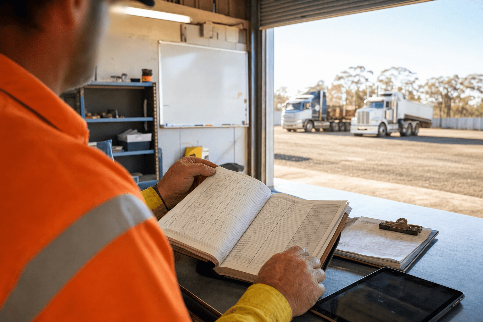 A transport compliance supervisor in hi-vis PPE reviews a driver fatigue diary logbook inside an Australian heavy vehicle depot, with prime movers visible through an open roller door in the background.