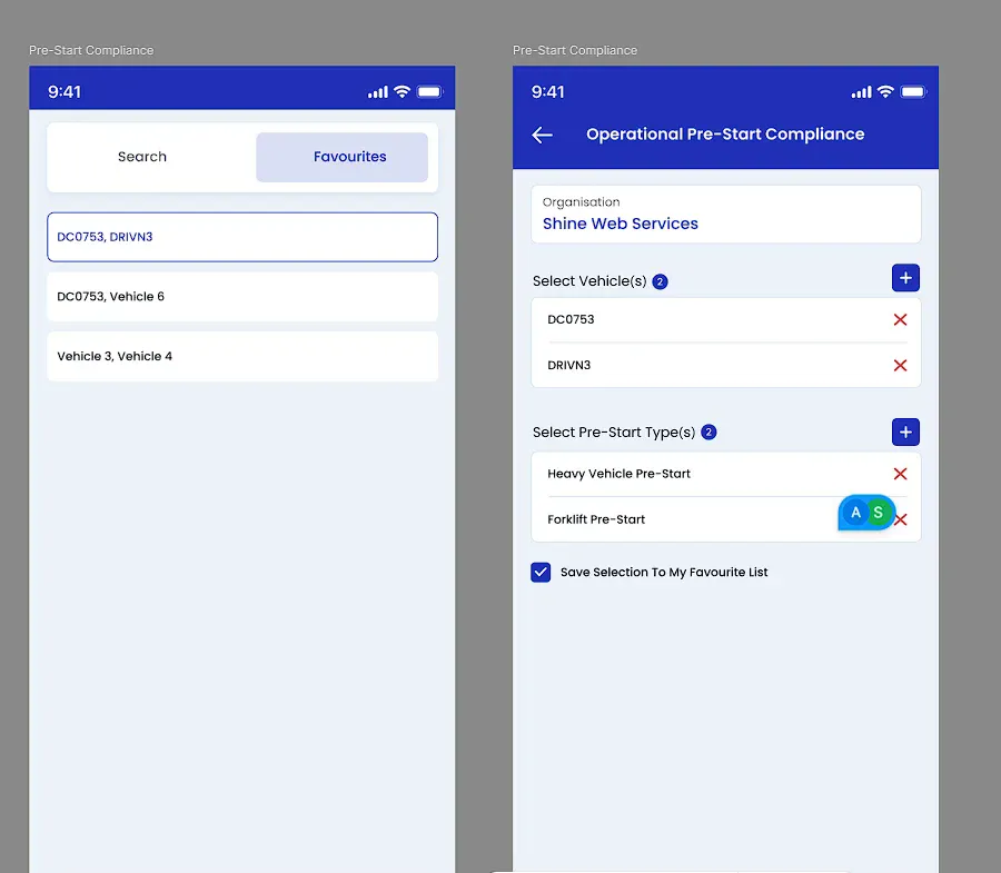 CoRGuard mobile pre-start vehicle selection screen